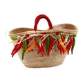Borsa in paglia naturale con decoro di peperoncini e manici rossi