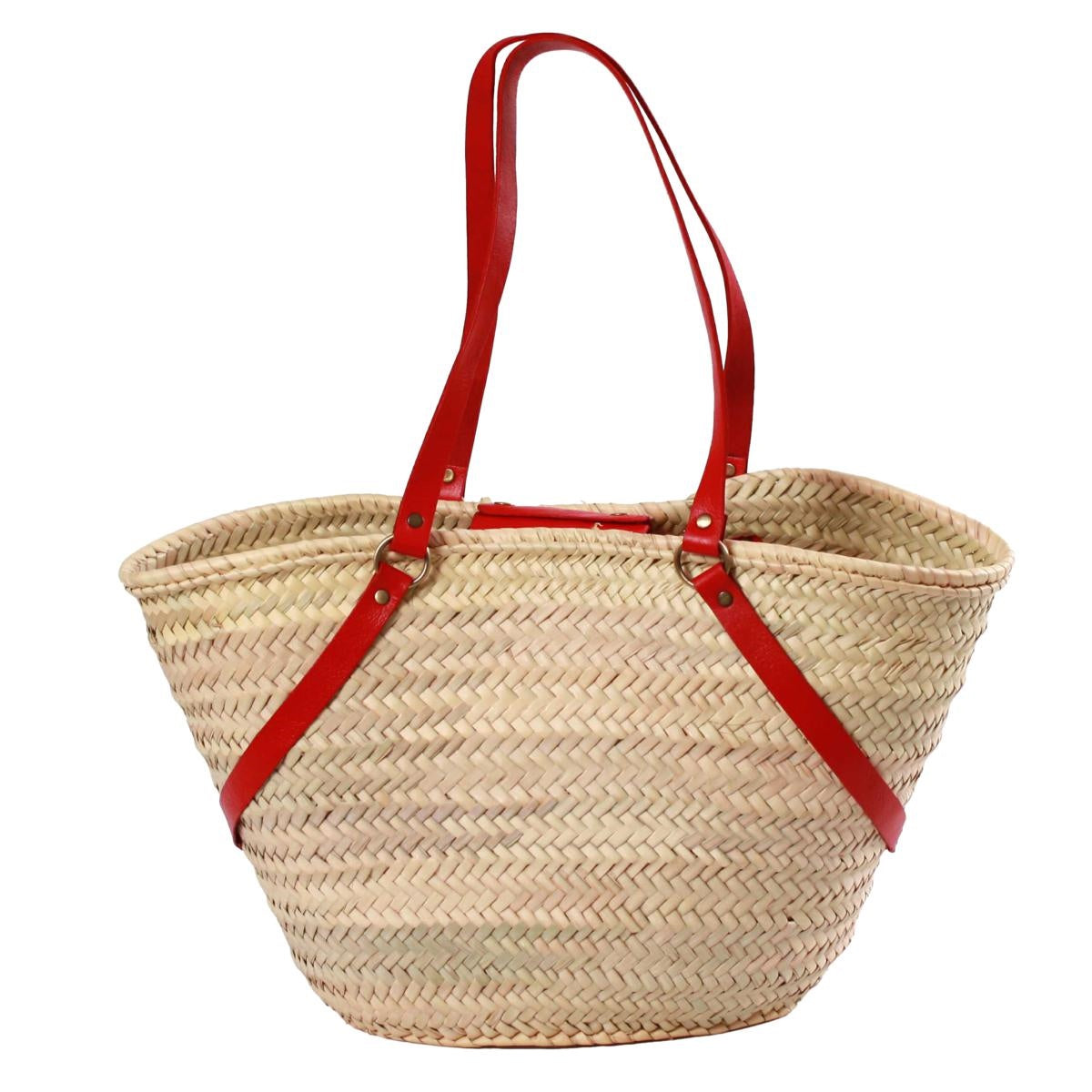 Borsa in paglia naturale con manici incrociati in vera pelle