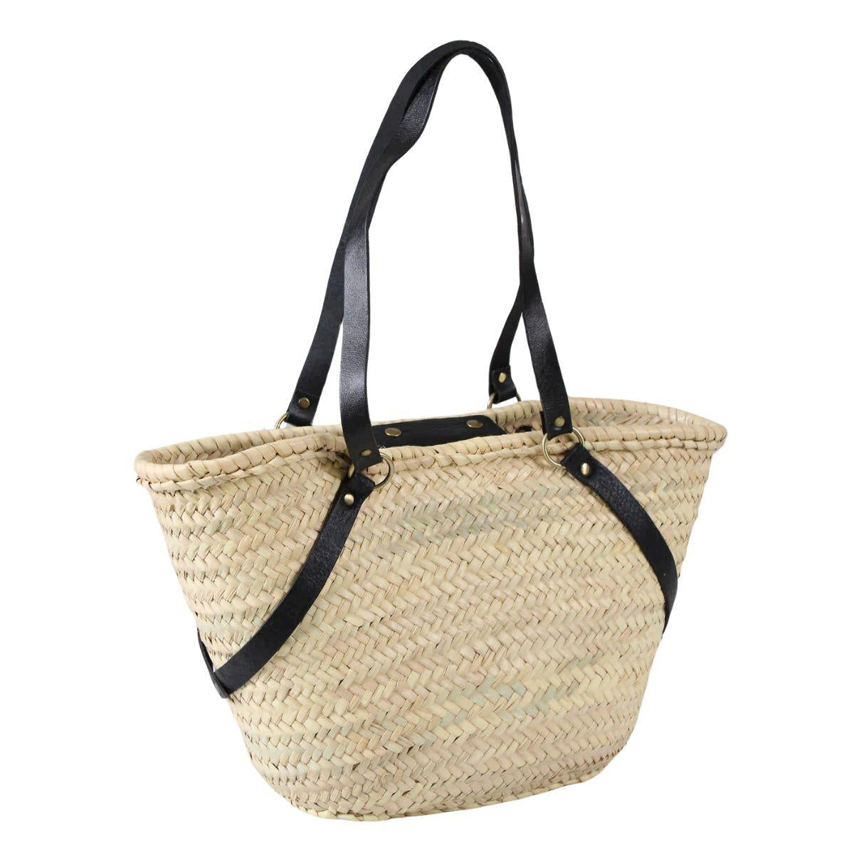 Borsa in paglia naturale con manici incrociati in vera pelle