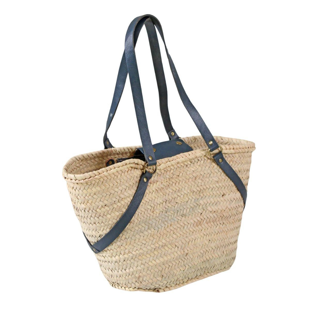 Borsa in paglia naturale con manici incrociati in vera pelle