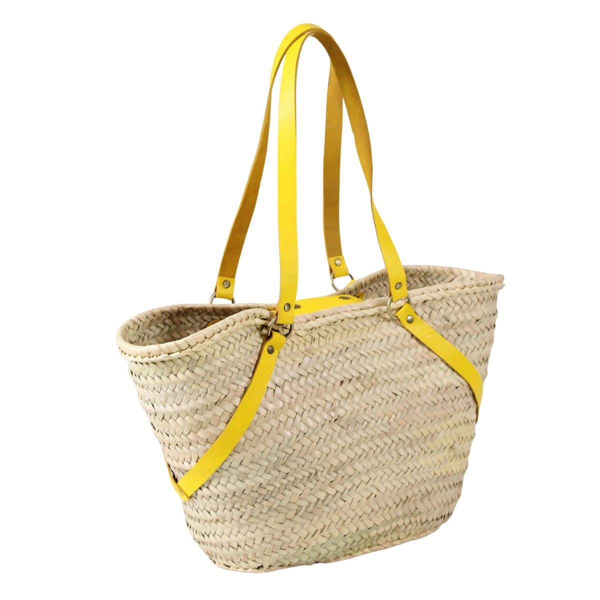 Borsa in paglia naturale con manici incrociati in vera pelle