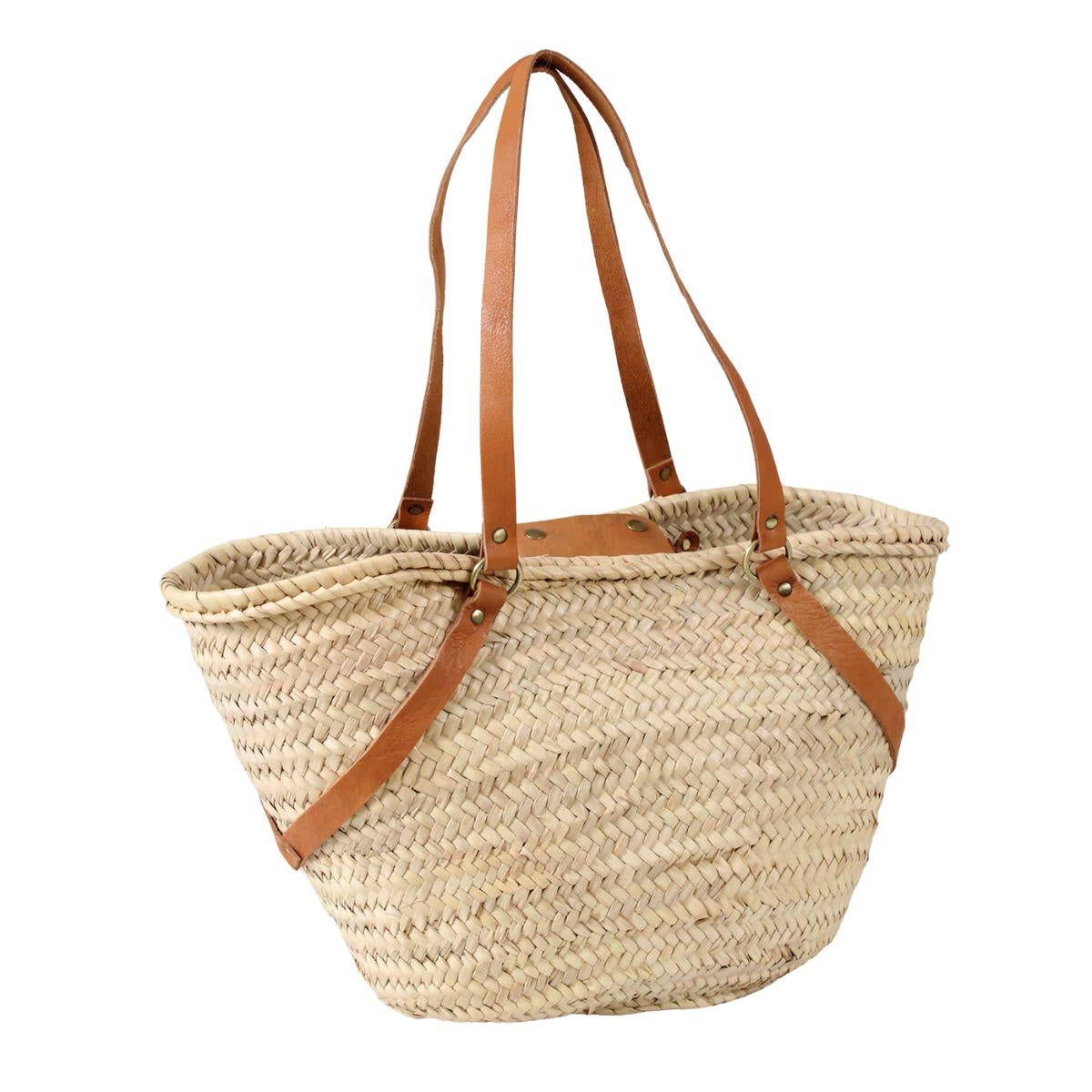 Borsa in paglia naturale con manici incrociati in vera pelle