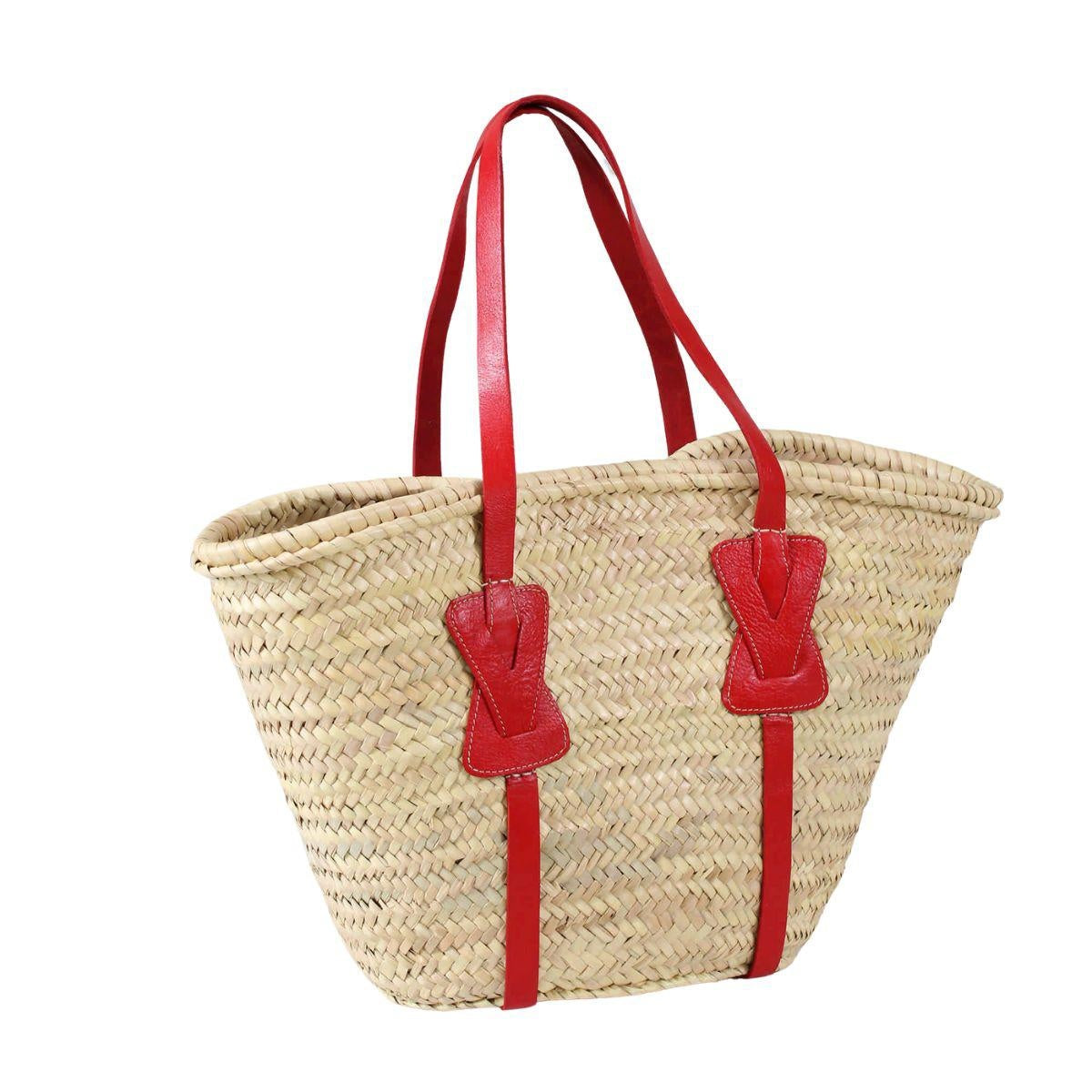 Borsa in paglia naturale con manici e fiocchi in vera pelle
