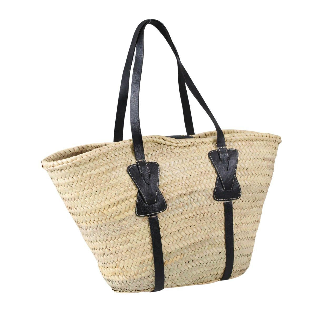 Borsa in paglia naturale con manici e fiocchi in vera pelle