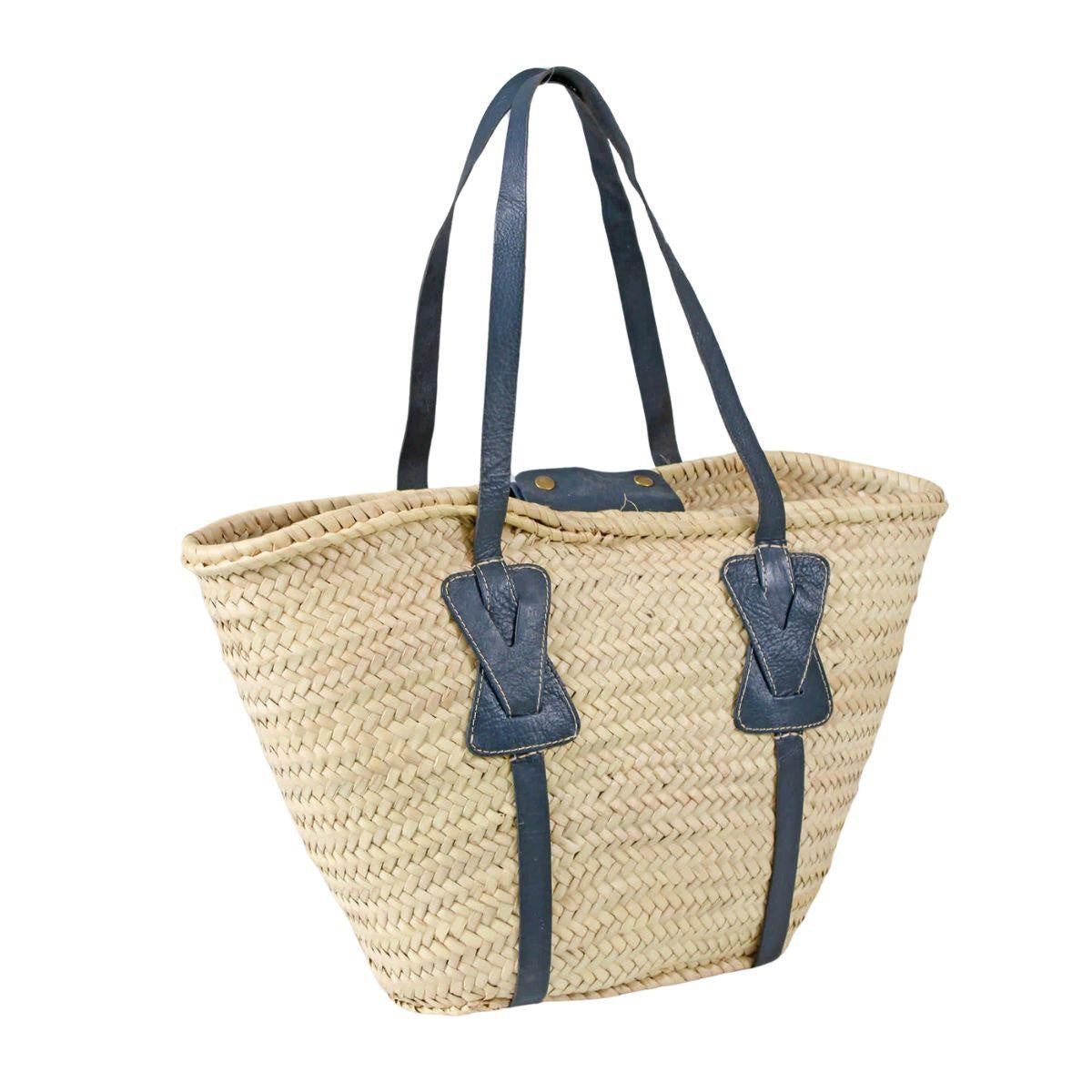 Borsa in paglia naturale con vera pelle blu