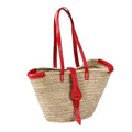 Borsa in paglia naturale con bordi, cinghia e manici in vera pelle
