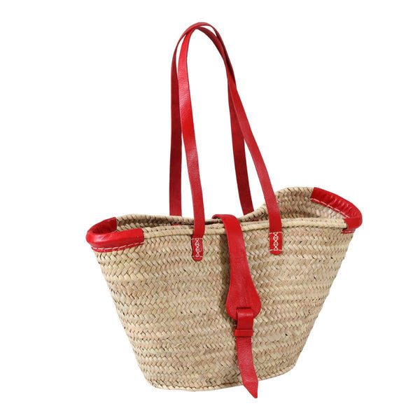 Borsa in paglia naturale con bordi, cinghia e manici in vera pelle