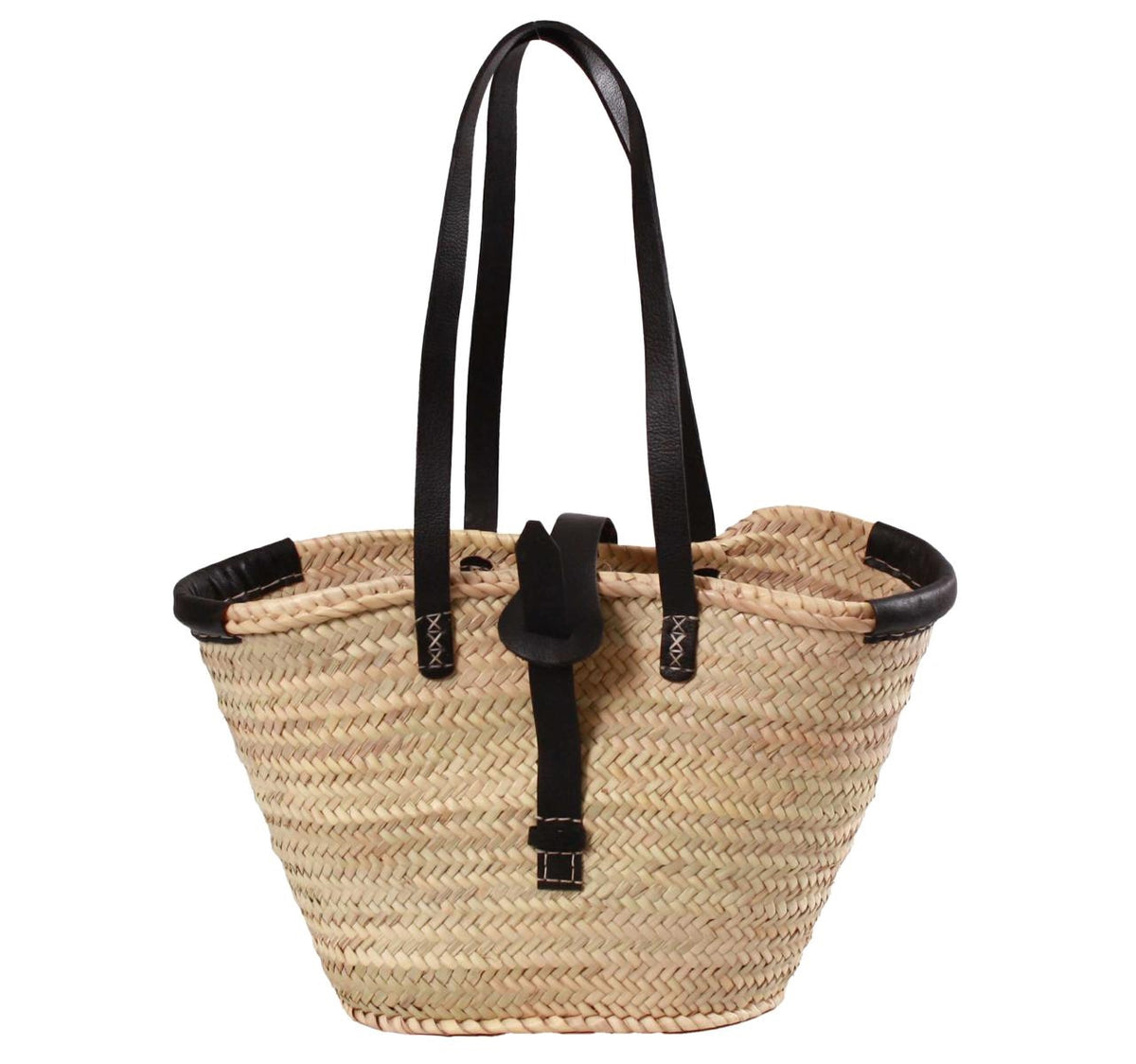 Borsa in paglia naturale con bordi, cinghia e manici in vera pelle