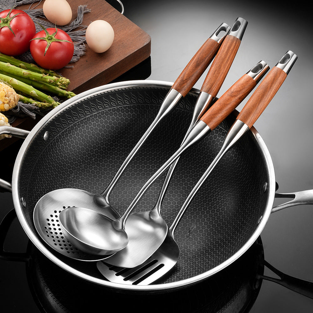 Utensili da cucina in acciaio con manico in legno, 10 tipi – dettaglio 1