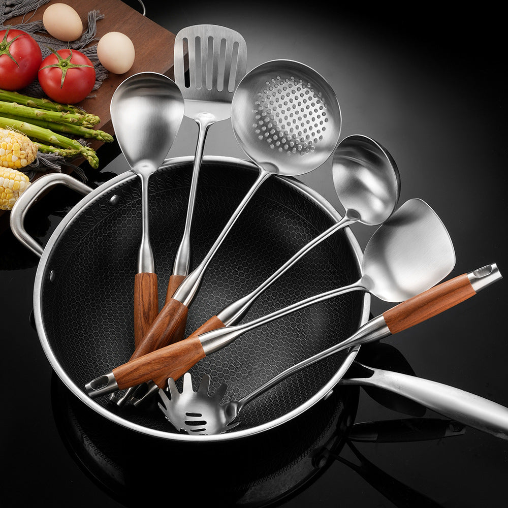 Utensili da cucina in acciaio con manico in legno, 10 tipi – dettaglio 2