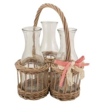 Oliera 3 posti con cesto in vimini e fiocco rosso, 23x23H10/28 cm (kit da 3)