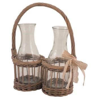 Oliera 2 posti in cesto di vimini con fiocco marrone, 23x10x27 cm (kit da 3)