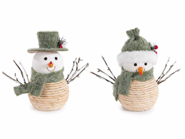 Set di 6 decorazioni di natale a forma di pupazzi di neve con sciarpa e cappello realizzati in feltro e fibra naturale, cm 21 x 10,5 x 18 H