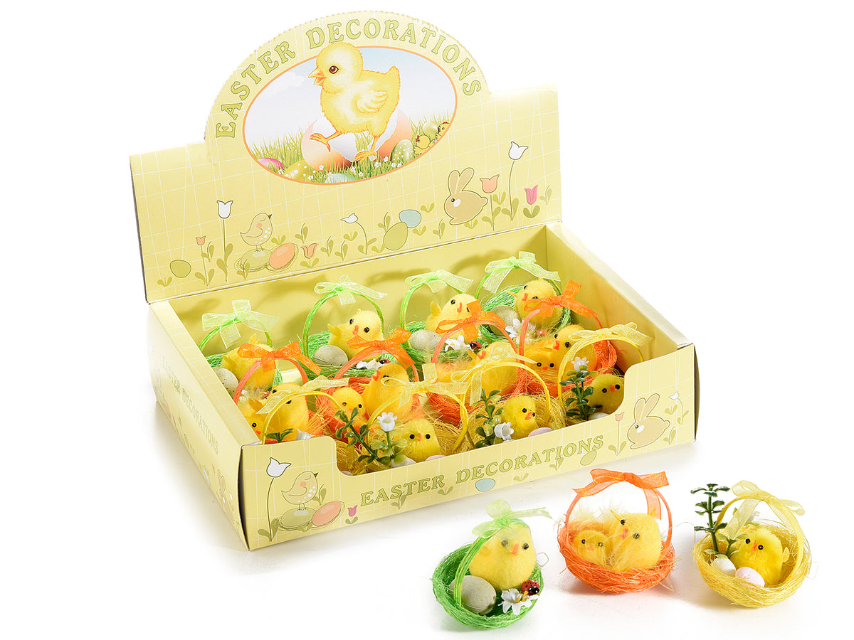 Pulcini decorativi di Pasqua in cestino colorato con uova in espositore da 12, set da 2 pezzi, Ø 5 cm x 5 H