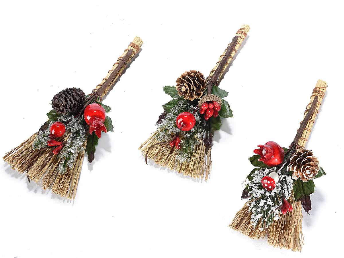 Mazzolini natalizi decorativi con scopetta e decorazioni innevate con bacche /, set da 12 pezzi, cm 13 H