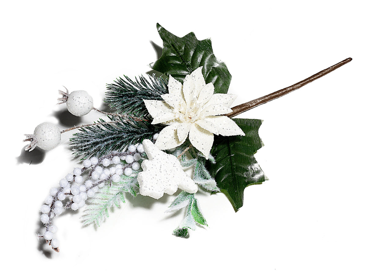 Mazzolini con stelle Natale artificiali pick bianche con bacche e decori, set da 10 pezzi, cm 18,5 H (con gambo 30)