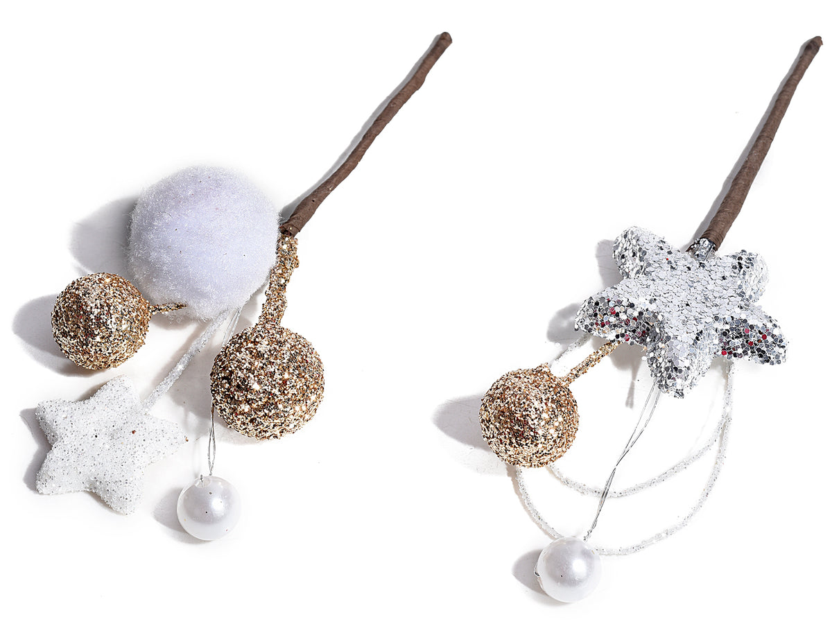 Rametti pick con decorazioni glitterate a stella e bacca con perlina, set da 20 pezzi, cm 8,5 H (c / gambo 14,5)