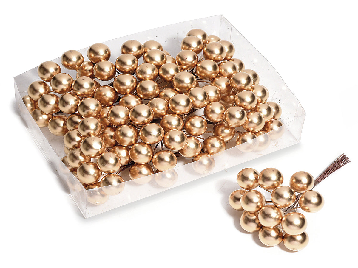 Set di 2 mazzolini pick con bacche dorate opache e gambo modellabile in scatola da 96 pezzi, Ø 1,7 cm x 11 H