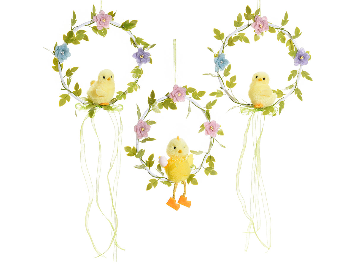 Ghirlande decorative pasquali con pulcini, fiori e nastrini da appendere, set da 6 pezzi, Ø 16 cm