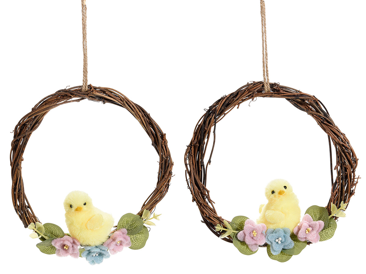 Ghirlande pasquali decorative in legno con pulcini e fiori in panno da appendere, set da 6 pezzi, Ø 17,5 cm