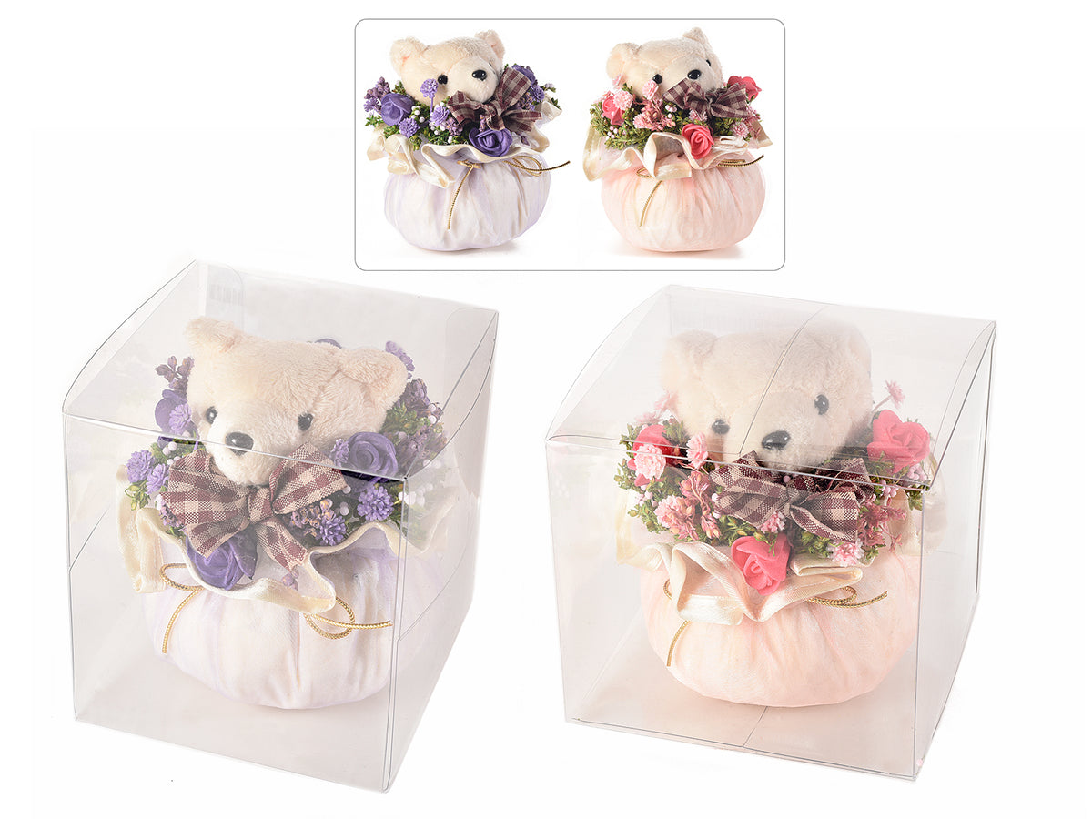Sacchetti in organza con orsetti di peluche, fiori artificiali e nastrini, set da 4 pezzi, Ø 9,5 cm x 10 H