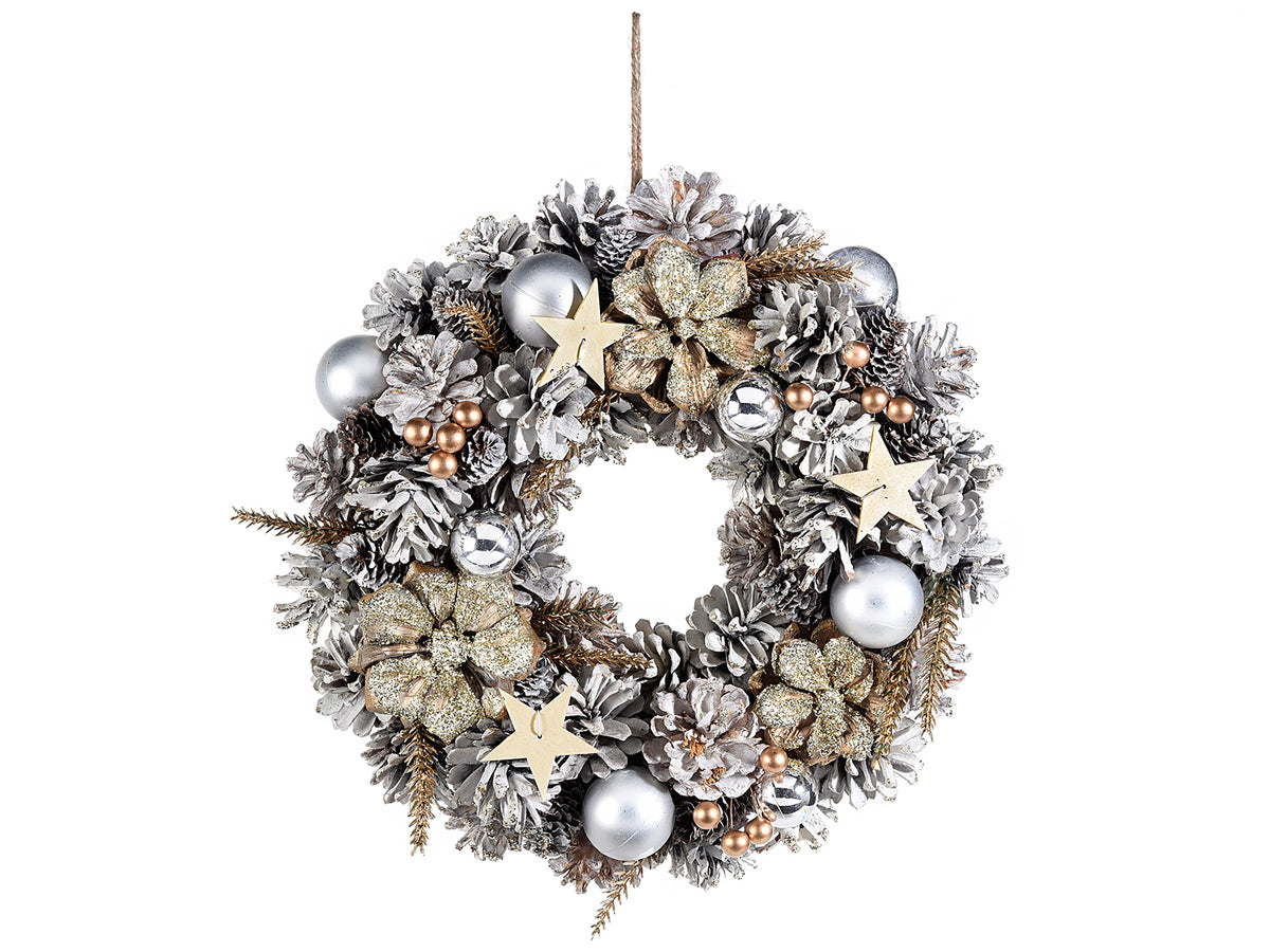 Ghirlande natalizie da appendere di pigne glitterate con palline, fiori e stelle, Ø 30 cm - Interna: Ø 7 cm