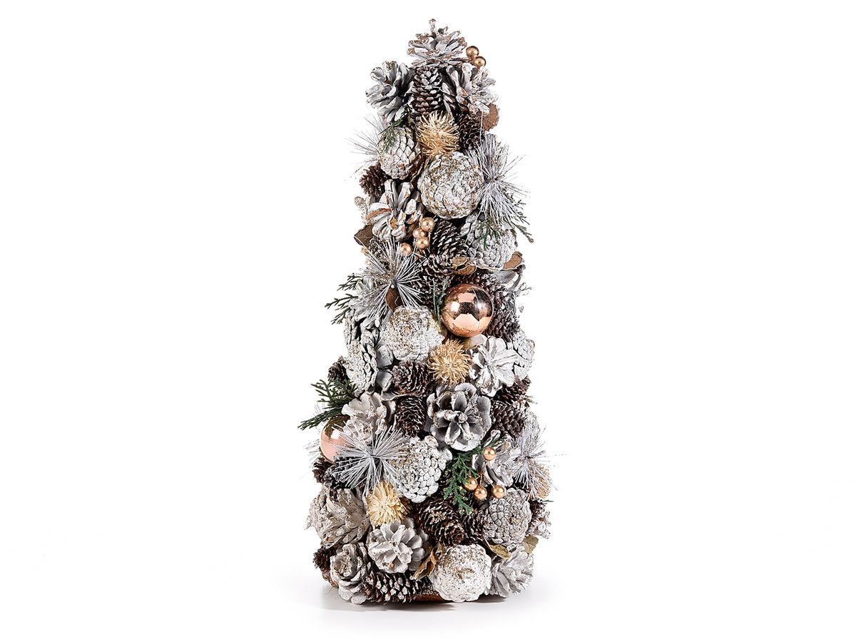 Alberi di Natale con pigne glitterate e palline color bronzo, Ø 18 cm x 42,5 H