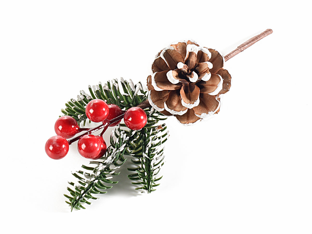 Rametti pick di pino con rametti e pigna innevata e bacche rosse, set da 24 pezzi, cm 12 H (con gambo 21)