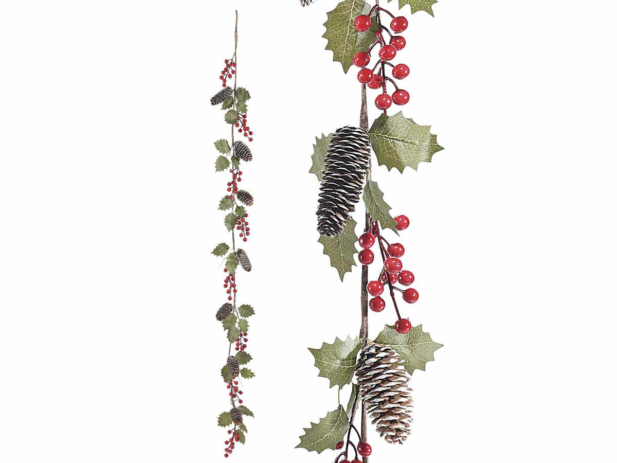 Festoni a ghirlanda natalizia con pigne innevate e bacche rosse, set da 2 pezzi, mt 1,60