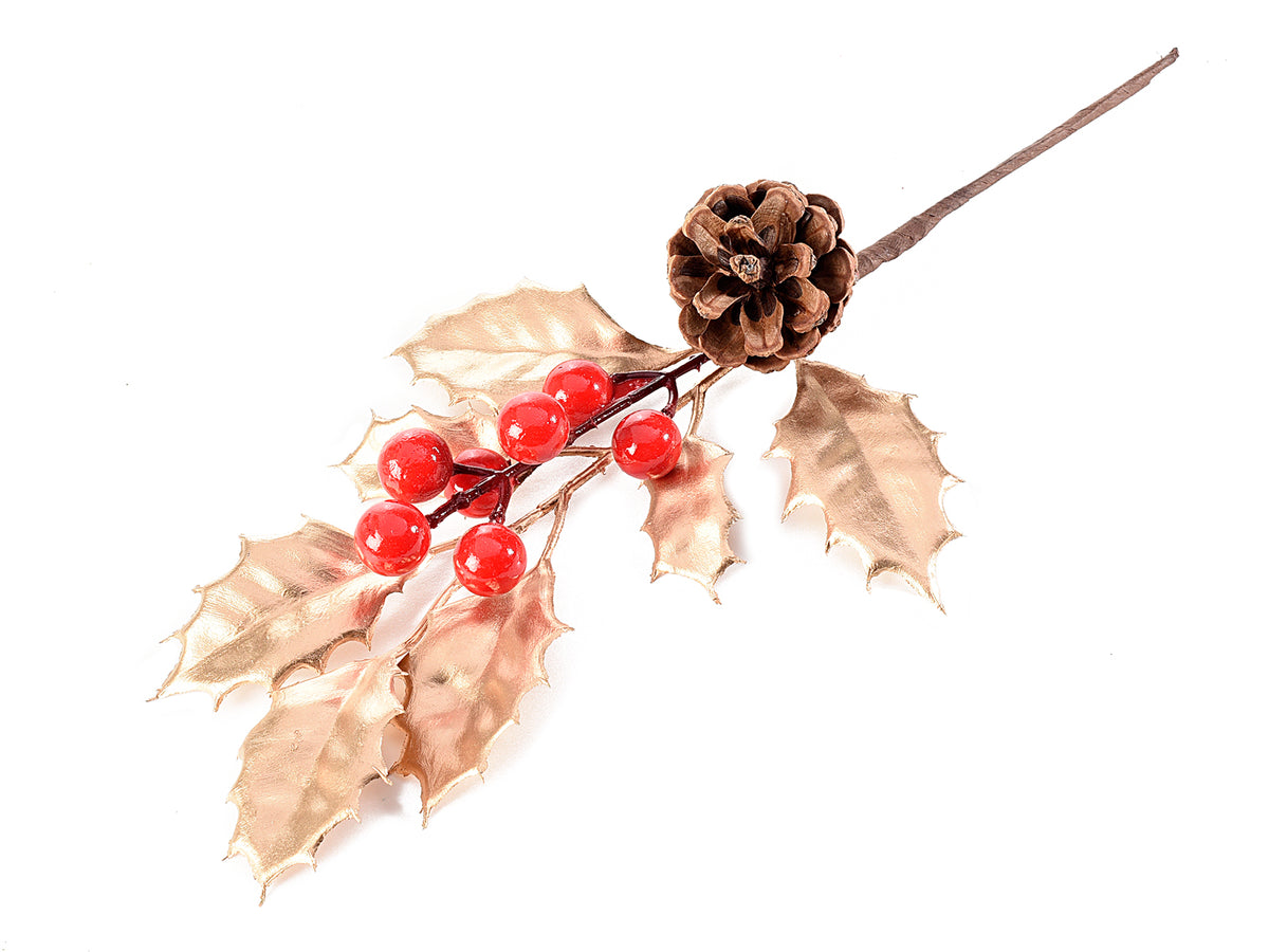 Rametti pick di agrifoglio con foglie dorate, bacche rosse e pigna, set da 16 pezzi, cm 17 H (con gambo 28)
