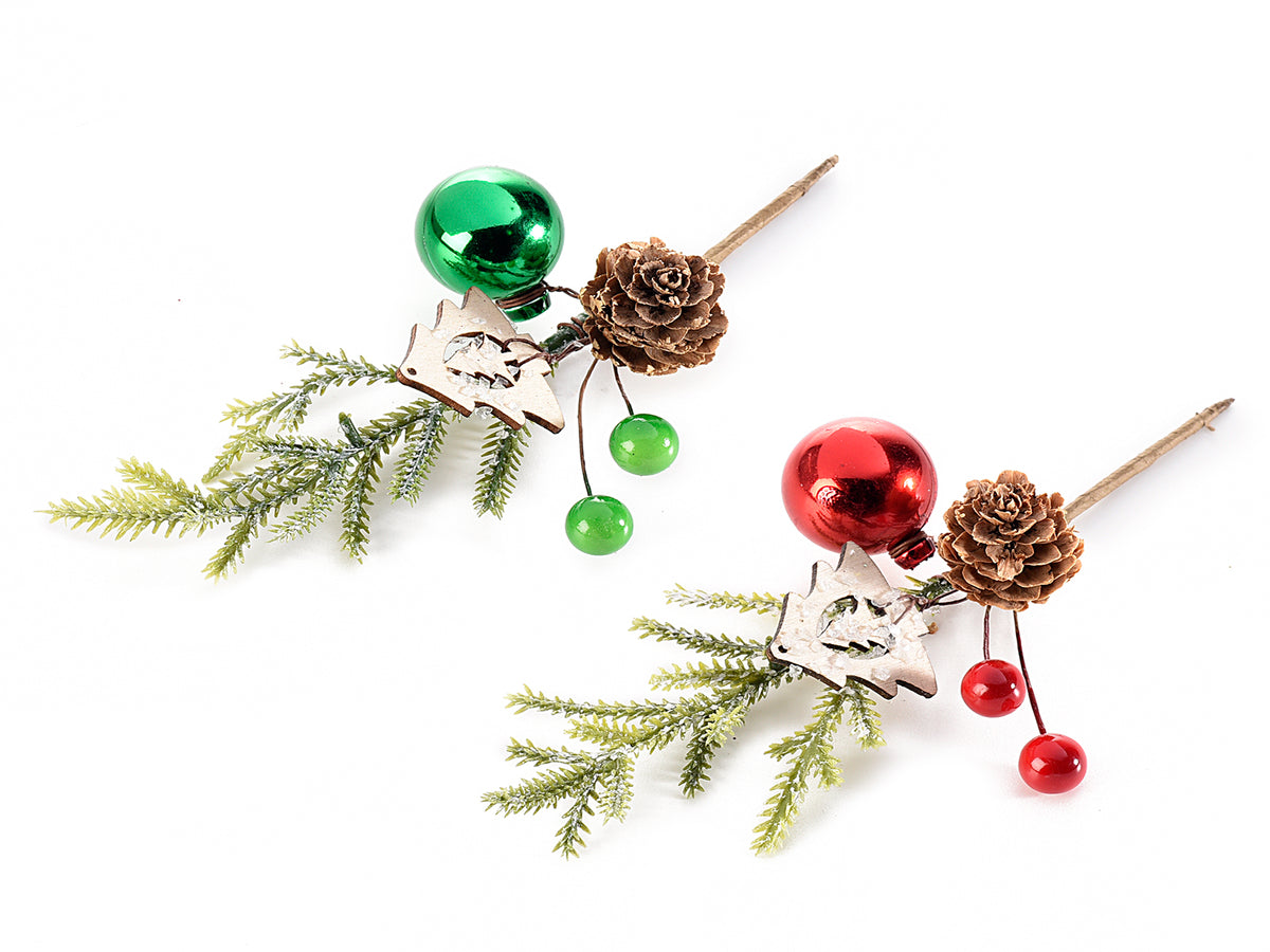 Mazzolini innevati pick con bacche, pigna , pallina colorata e decorazione ad, set da 24 pezzi, cm 13 H (con gambo 20)