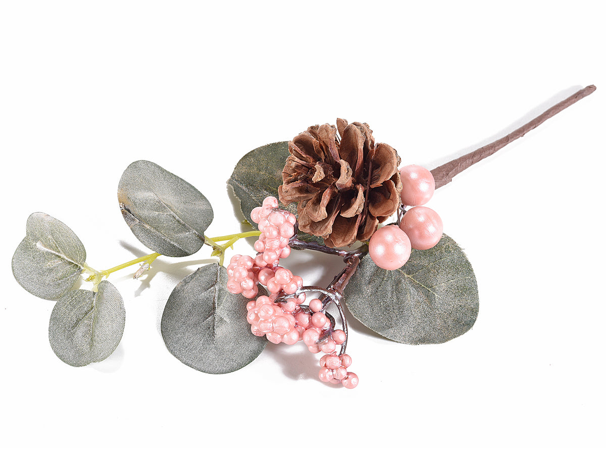 Mazzolini pick con pigna e bacche decorative rosa, set da 20 pezzi, cm 12 H (con gambo 21)