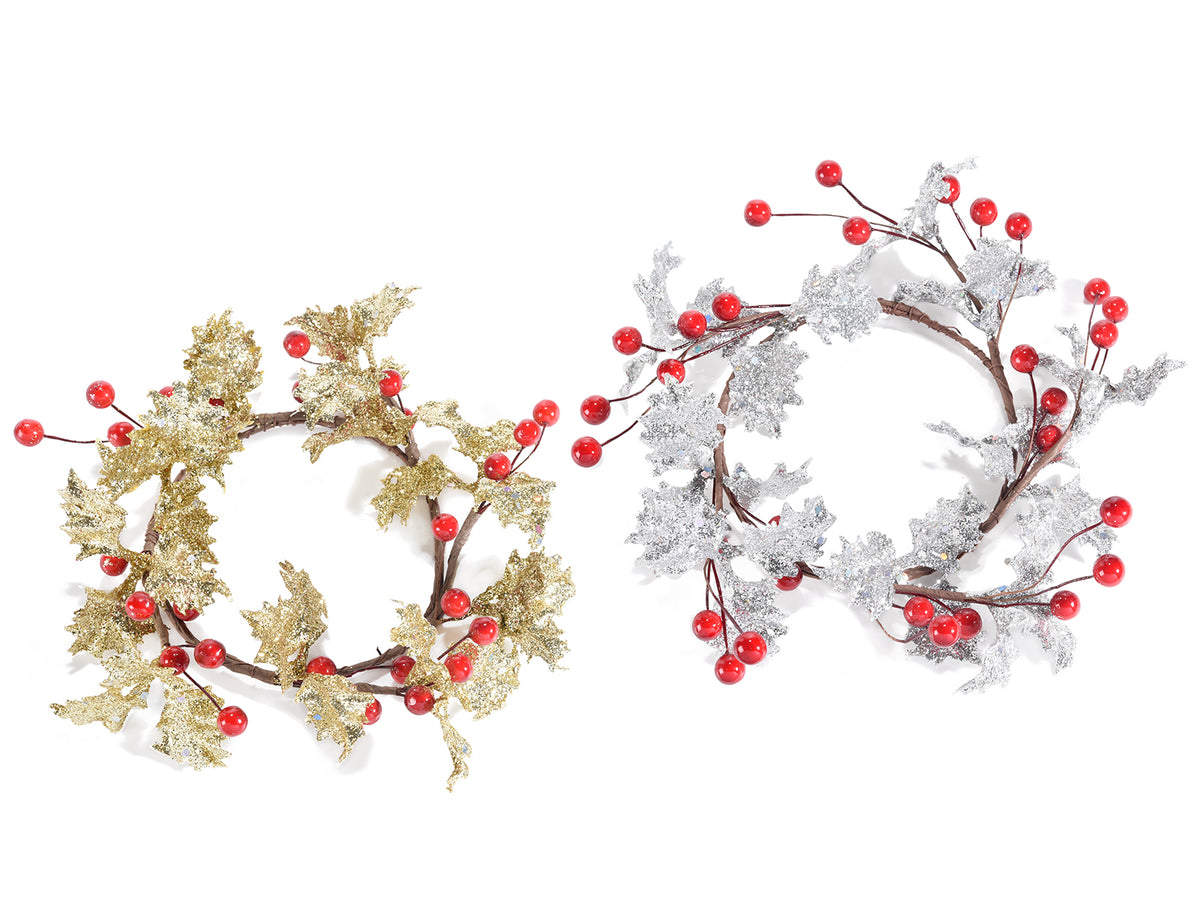 Ghirlande di Natale con foglie glitterate oro e argento e bacche rosse, set da 8 pezzi, Ø 20 cm - Interno Ø 9