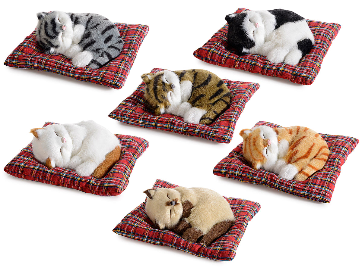 Gatti decorativi in finto pelo addormentato sul cuscino, set da 6 pezzi, Gatto: cm 14 x 11 x 6 H