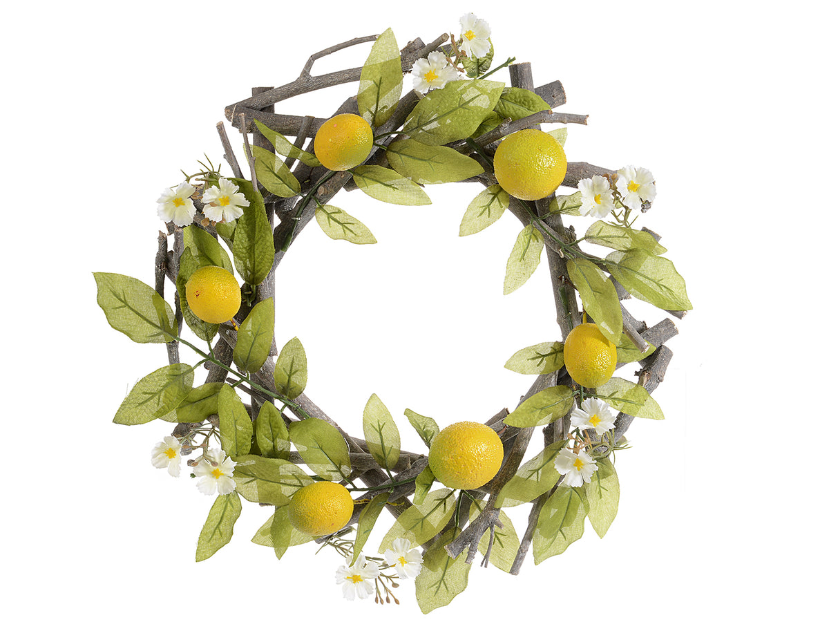 Ghirlande in legno con limoni artificiali e fiorellini, set da 2 pezzi, Ø 30 cm - Interno: Ø 14