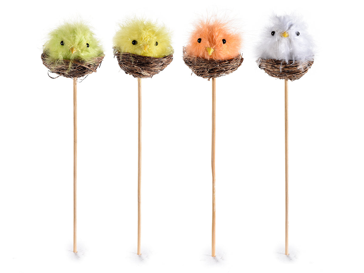 Pulcini di Pasqua colorati in piume vere nel nido su stick in legno ideali come, set da 16 pezzi, cm 4,5 H (con stick 21)