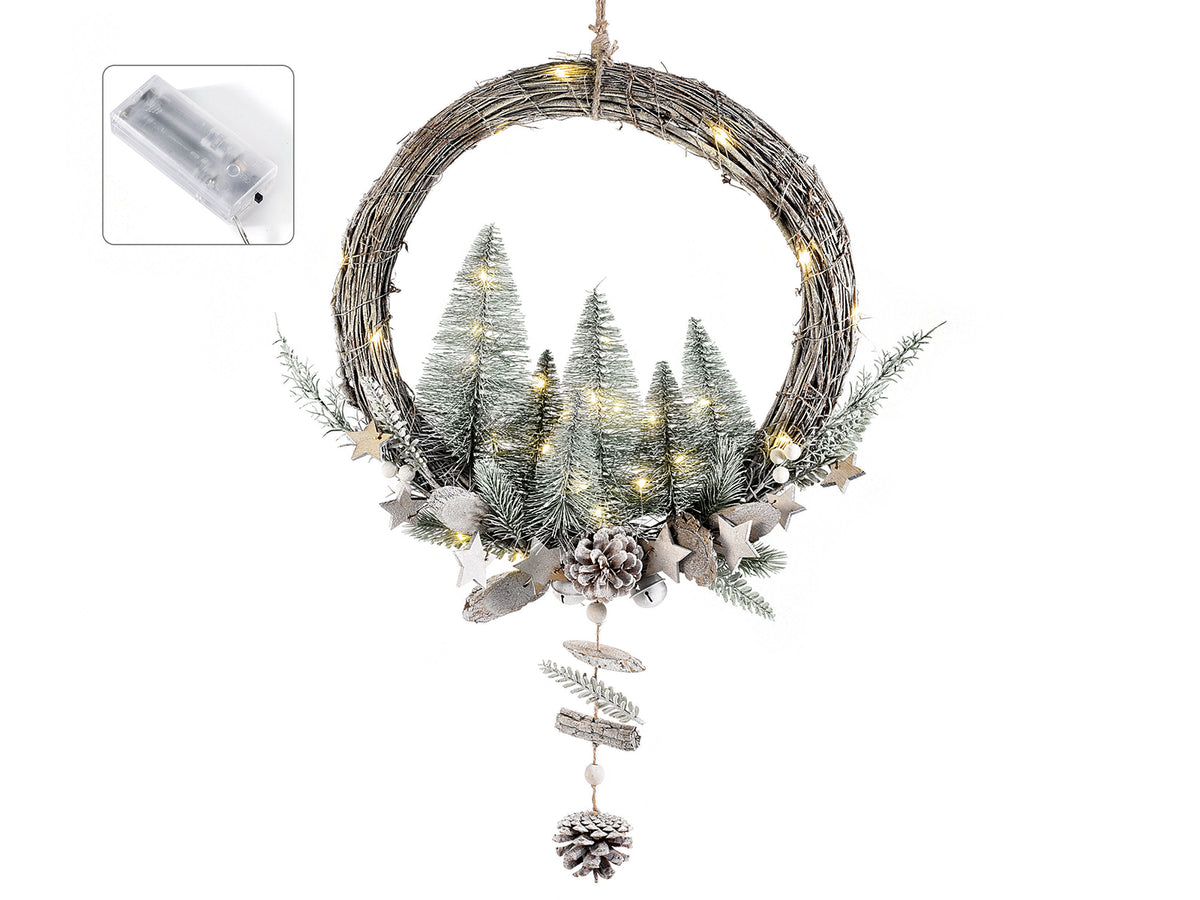 Ghirlande di Natale con base di rami intrecciati, decorata con alberi innevati, Ø 38 cm