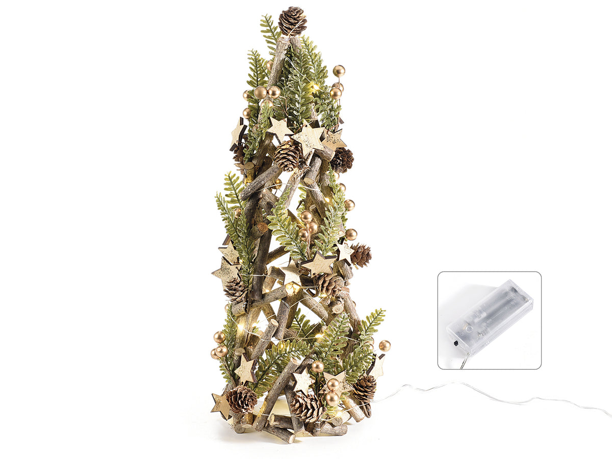Alberi decorativi natalizi con struttura in rami intrecciati, decorati, Ø 17 cm x 40 H