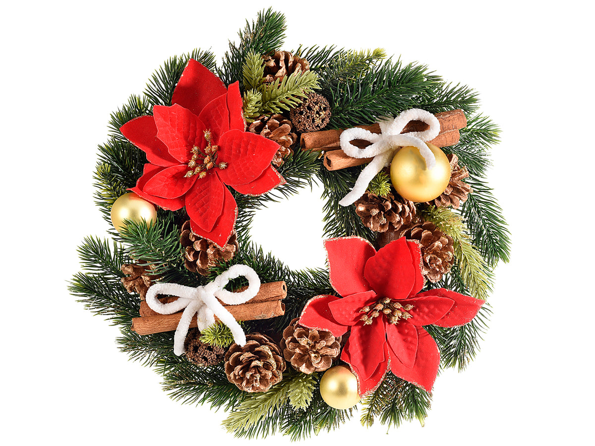 Ghirlande di Natale con aghi di pino e pigne decorate con cannella, palline, Ø 25 cm - Interno: Ø 6