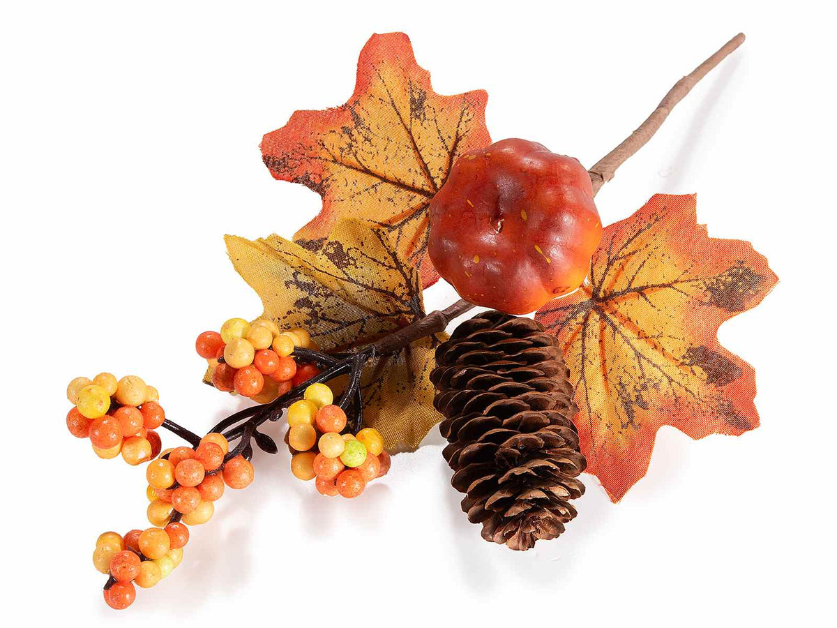 Rametti autunnali da confezione e decorativi con zucca, pigna, foglie e bacche, set da 16 pezzi, cm 16,5 H (con gambo 28)