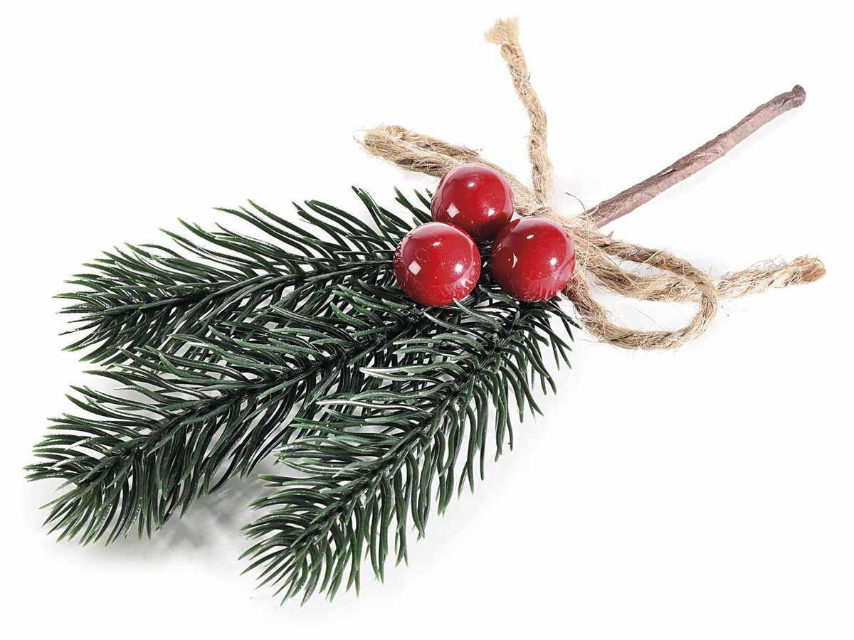 Rametti pick di aghi di pino e bacche rosse con fiocco in corda, set da 30 pezzi, cm 11,5 H (con gambo 18)