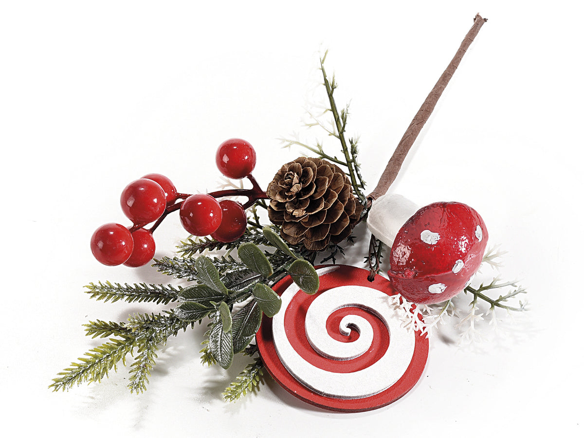 Rametti pick di pino innevato con bacche, pigna, fungo e decorazione in legno, set da 24 pezzi, cm 13 H (con gambo 23)
