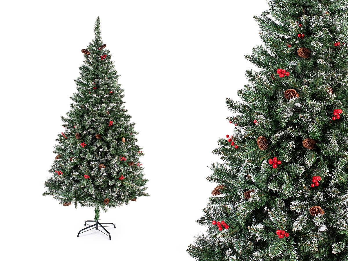Pini natalizi artificiali / alberi di Natale con Bacche Rosse, pigne e neve, M 1,80 H