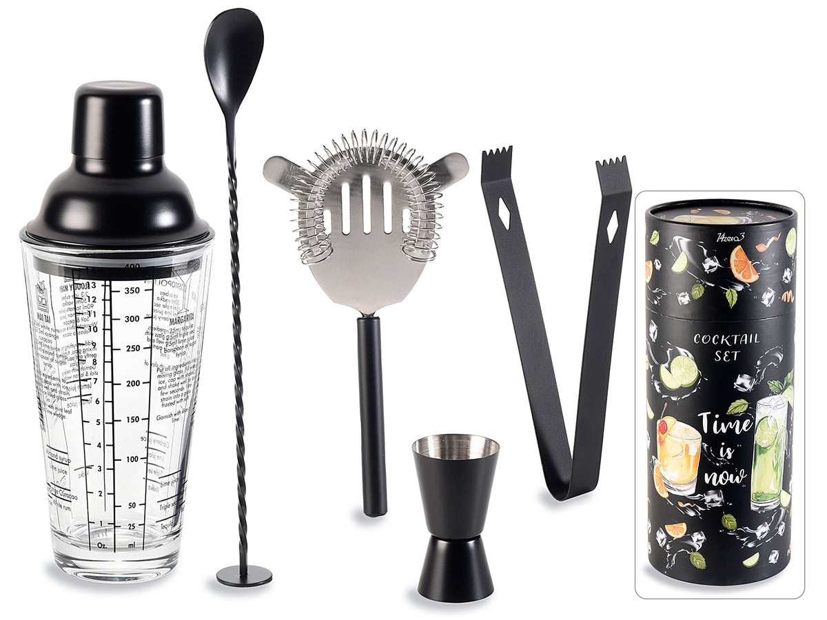 Kit set per cocktail 5 pezzi acciaio inossidabile nero opaco in confezione, -