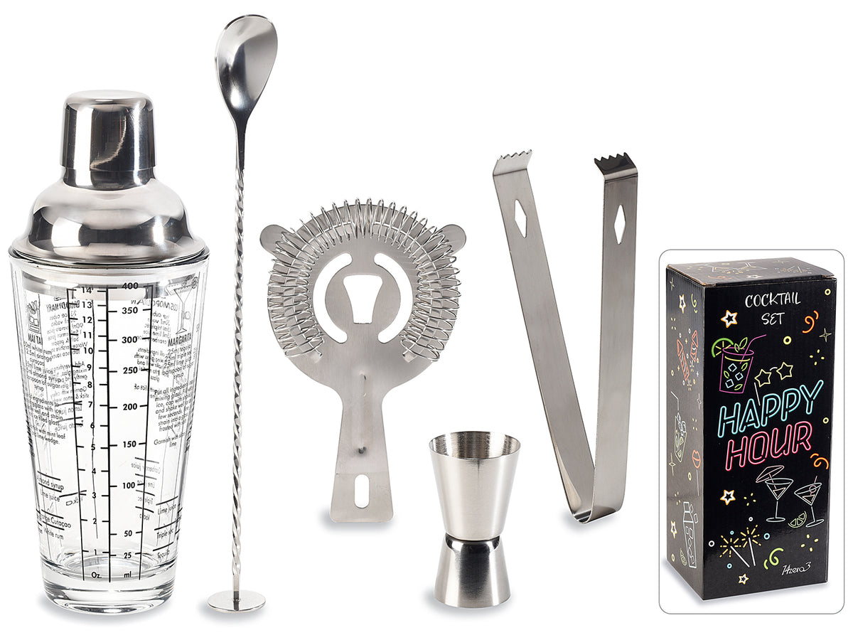 Kit da cocktail con 5 pezzi in acciaio lucido con confezione regalo, -