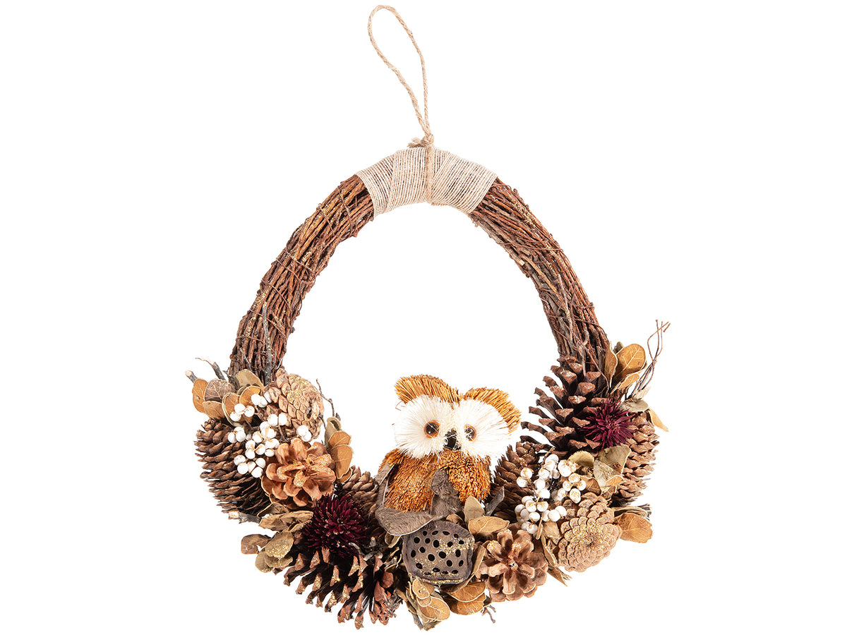 Ghirlande autunnali con gufo e pigne glitterate da appendere, ideale, cm 32 x 35 H