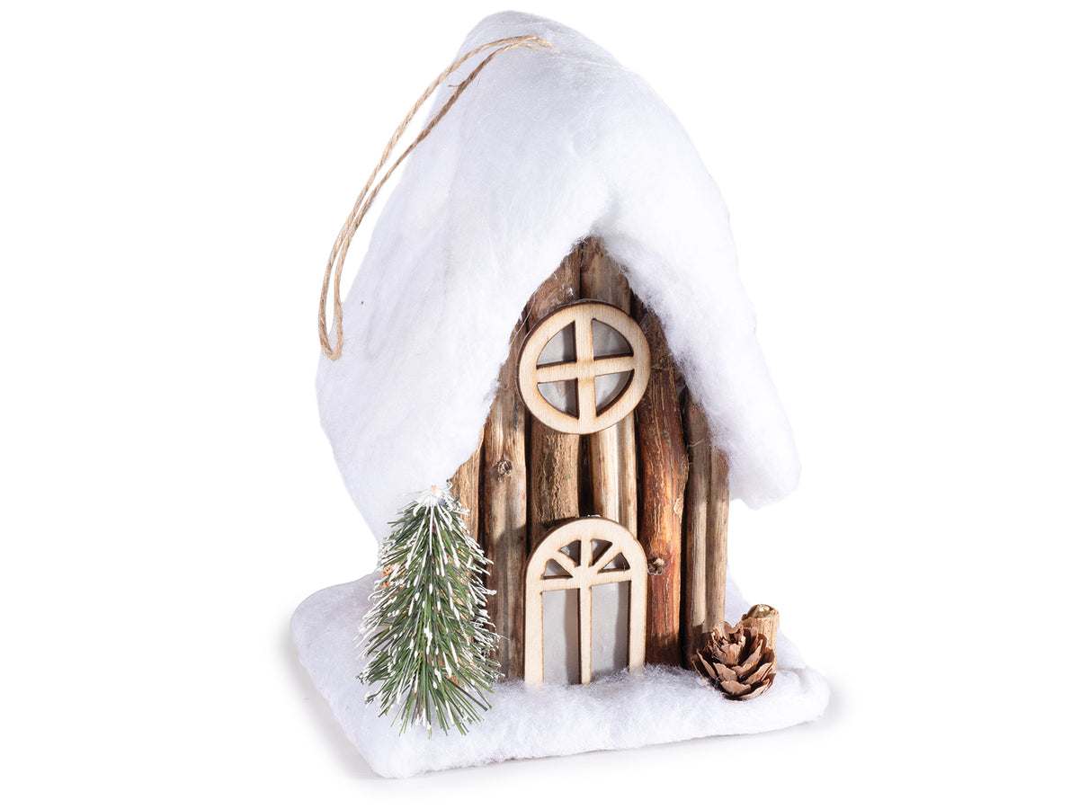 Addobbi di Natale a casetta natalizia decorativa in legno con tetto innevato, set da 4 pezzi, cm 12 x 11 x 17,5 H