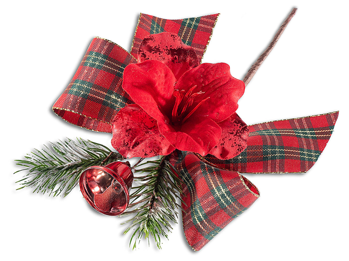 Mazzolini di Natale pick con aghi di pino, fiore rosso, campanella e fiocco, set da 20 pezzi, cm 8 H (con gambo 13)