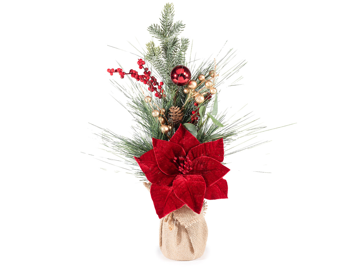 Stella di Natale con vaso rivestito in juta e decorazioni con rami artificiali, set da 3 pezzi, cm 48 H