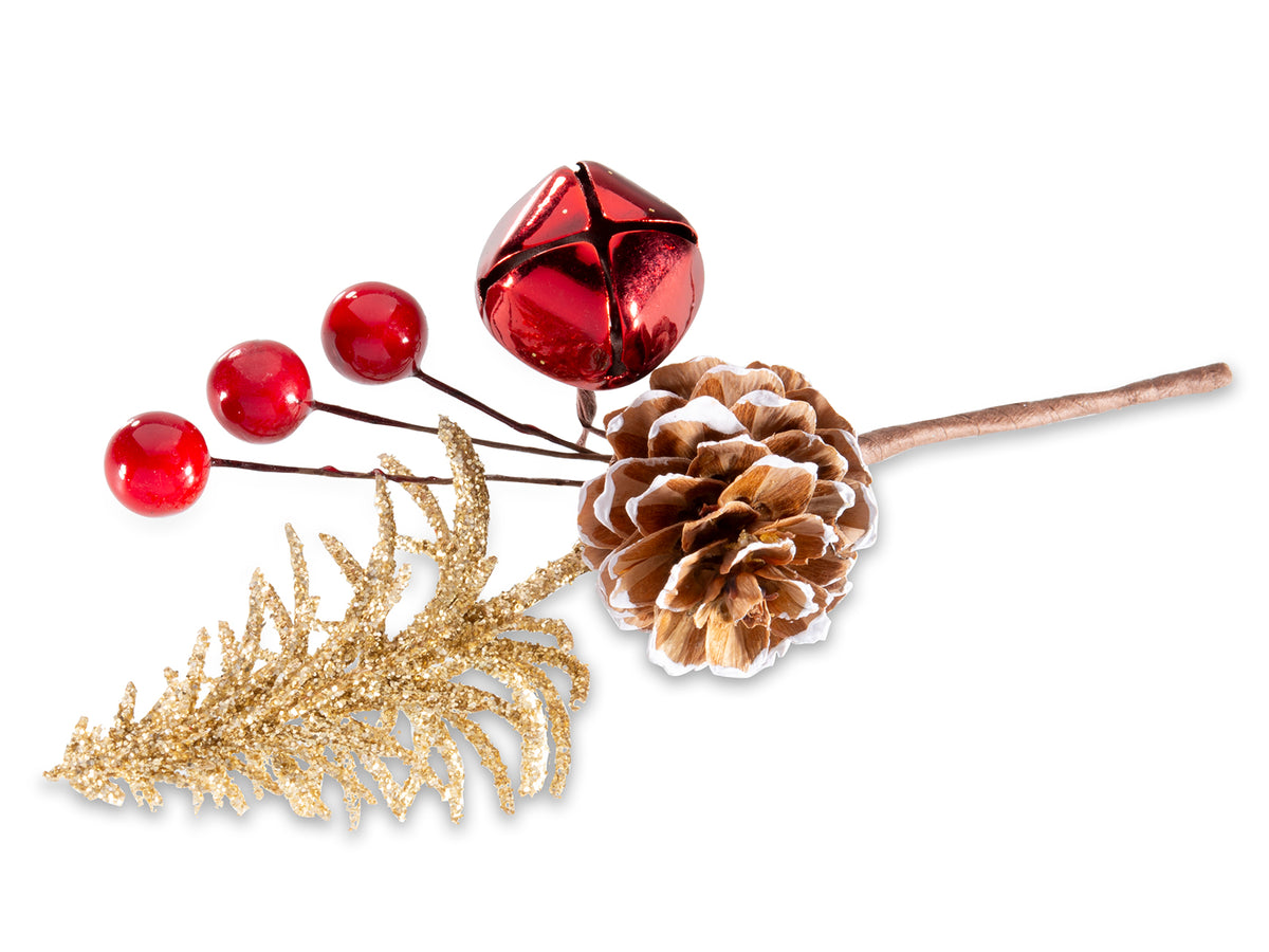 Rametti pick di pino glitterato oro con pigna, bacche rosse e campanella, set da 24 pezzi, cm 10 H (con gambo 16)